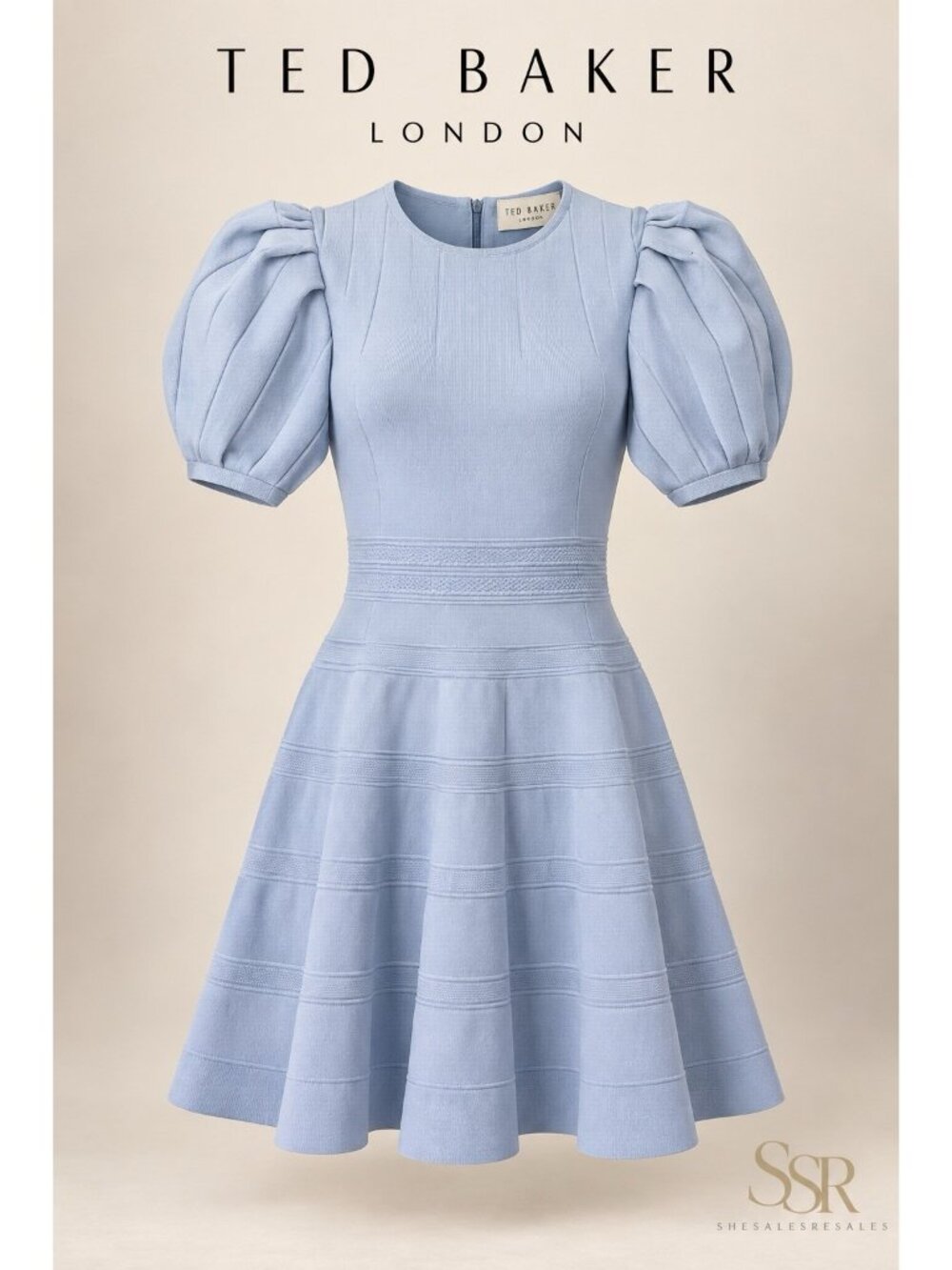 Ted Baker Velvey Dress Size 0 NWT Blue Puff Sleeve Fit Flare Knit Mini Dress